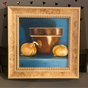 Original oil painting 10” square framed copper pot onions blue background